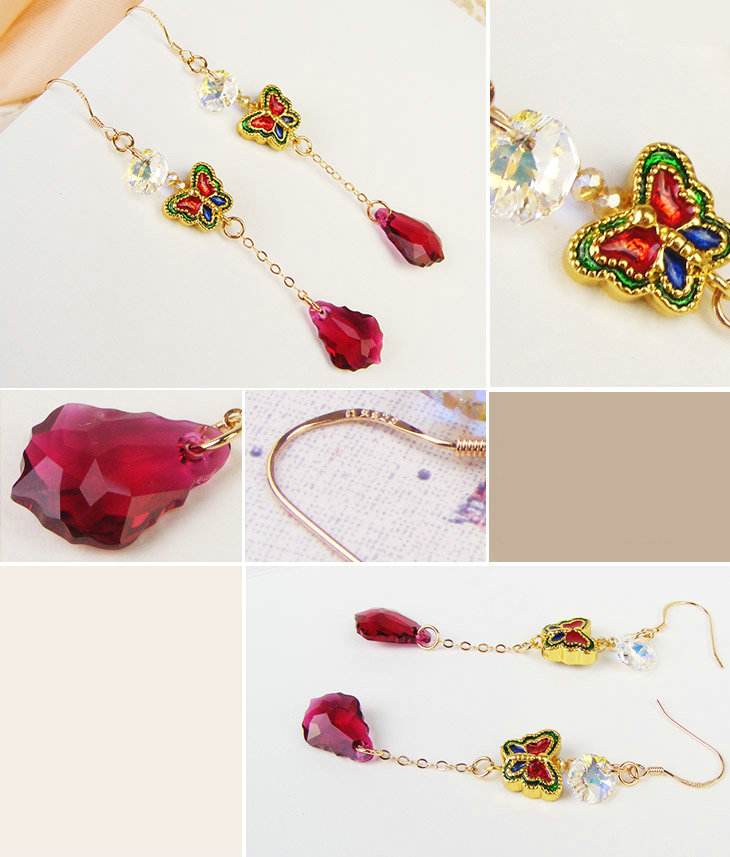 Luxury crystal diamond 925 sterling silver long butterfly dangle earrings - Rose