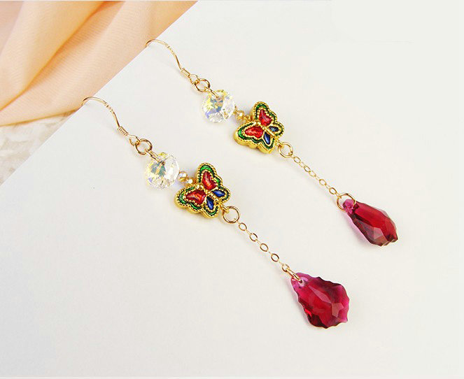 Luxury crystal diamond 925 sterling silver long butterfly dangle earrings - Rose