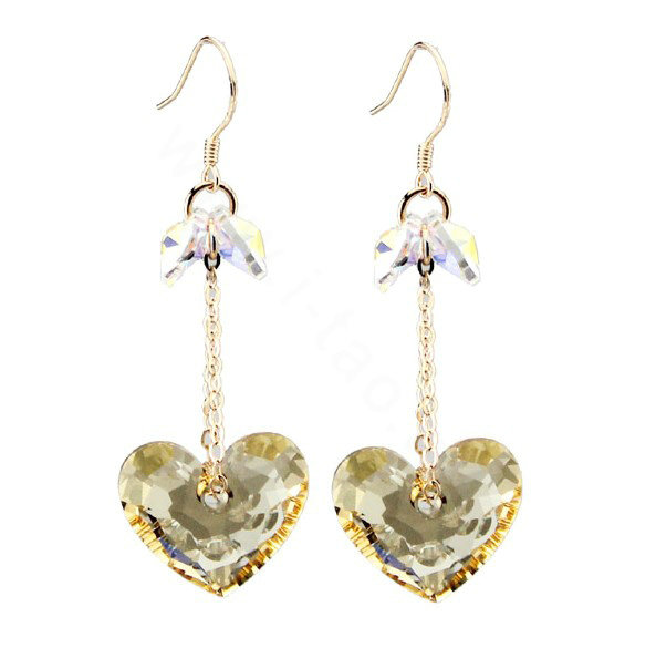 Luxury crystal diamond 925 sterling silver long heart dangle earrings - Champagne