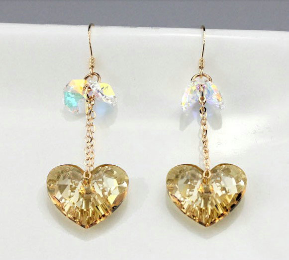 Luxury crystal diamond 925 sterling silver long heart dangle earrings - Champagne