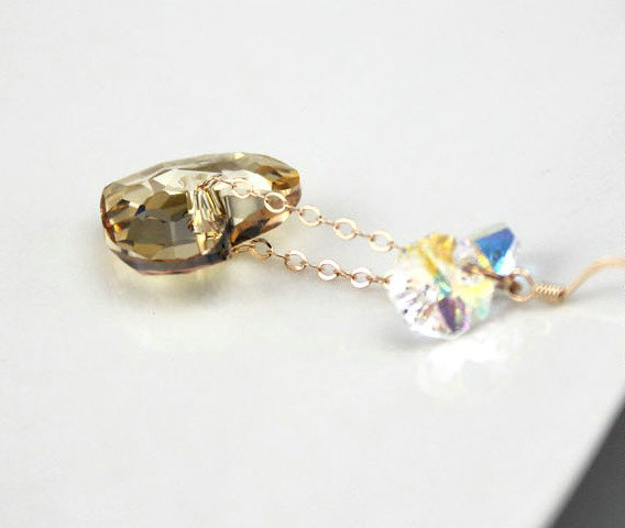 Luxury crystal diamond 925 sterling silver long heart dangle earrings - Champagne