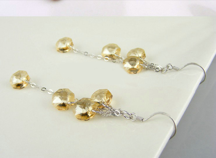 Luxury crystal diamond 925 sterling silver long tassel dangle earrings - Champagne