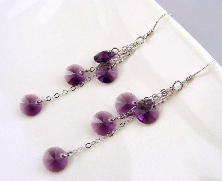 Luxury crystal diamond 925 sterling silver long tassel dangle earrings - Purple