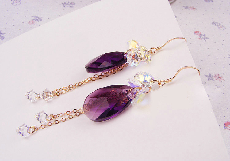Luxury crystal diamond 925 sterling silver long tassel raindrop dangle earrings - Purple