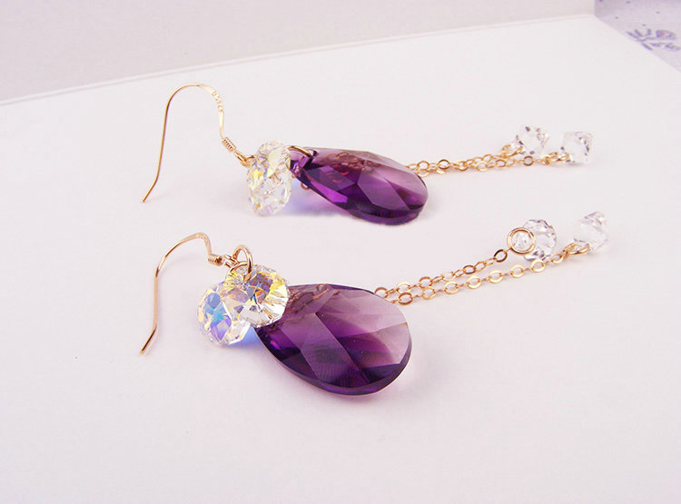 Luxury crystal diamond 925 sterling silver long tassel raindrop dangle earrings - Purple