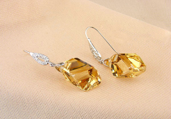 Luxury crystal diamond 925 sterling silver parallelogram dangle earrings - Champagne