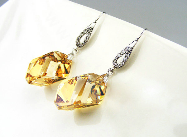 Luxury crystal diamond 925 sterling silver parallelogram dangle earrings - Champagne