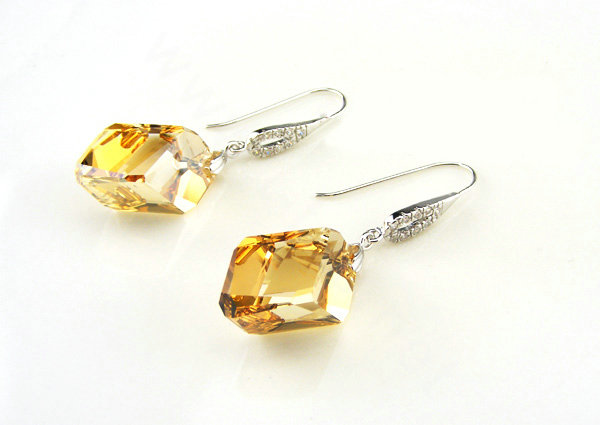 Luxury crystal diamond 925 sterling silver parallelogram dangle earrings - Champagne