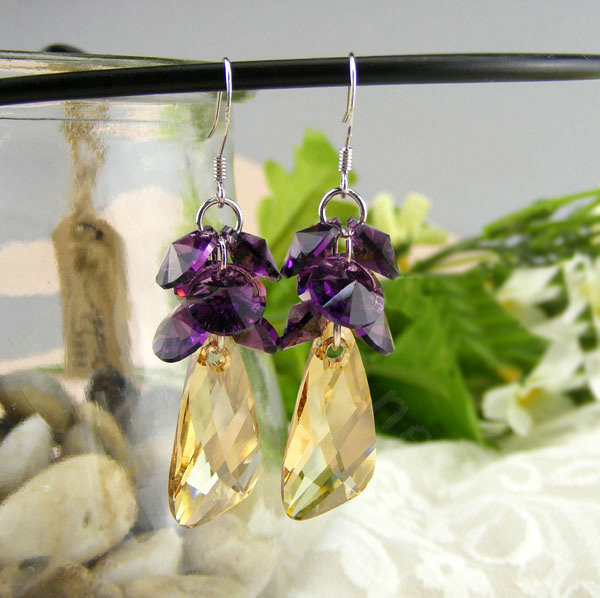 Luxury crystal diamond 925 sterling silver raindrop dangle earrings - Champagne Purple