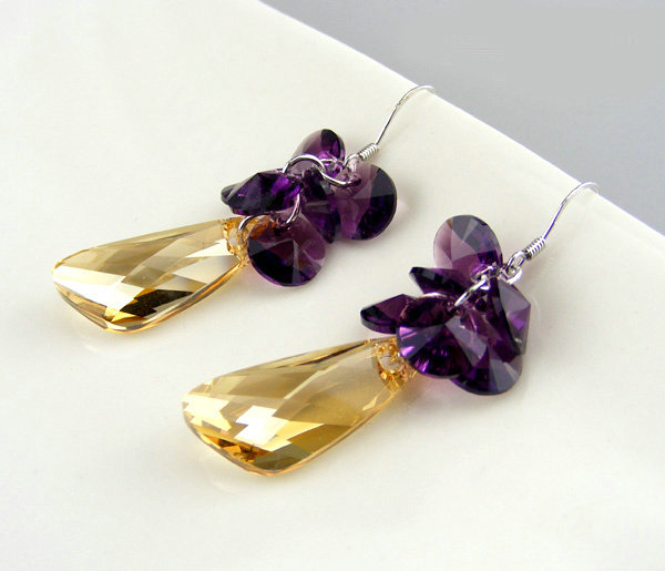 Luxury crystal diamond 925 sterling silver raindrop dangle earrings - Champagne Purple
