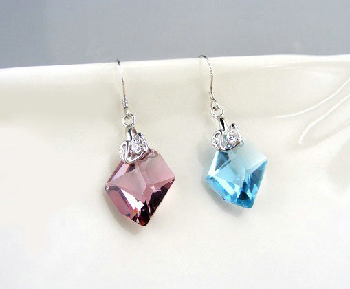 Luxury crystal diamond 925 sterling silver swan dangle earrings - Blue