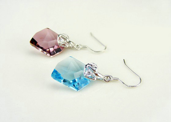 Luxury crystal diamond 925 sterling silver swan dangle earrings - Blue