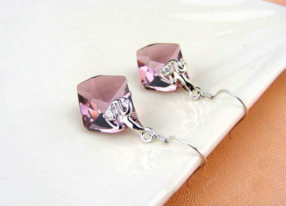 Luxury crystal diamond 925 sterling silver swan dangle earrings - Purple
