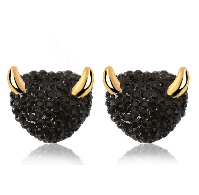 Luxury crystal diamond exaggerating Devil stud earrings 18k gold plated - Black