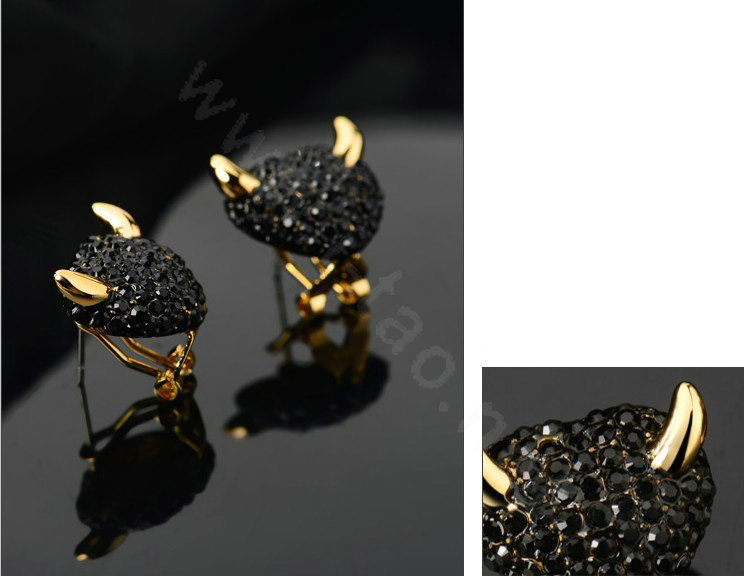 Luxury crystal diamond exaggerating Devil stud earrings 18k gold plated - Black