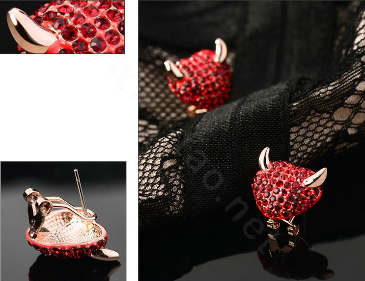 Luxury crystal diamond exaggerating Devil stud earrings 18k gold plated - Red