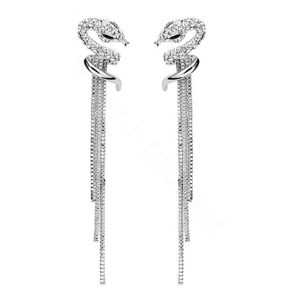 Luxury crystal diamond exaggerating retro snake long tassel stud earrings 18k white plated