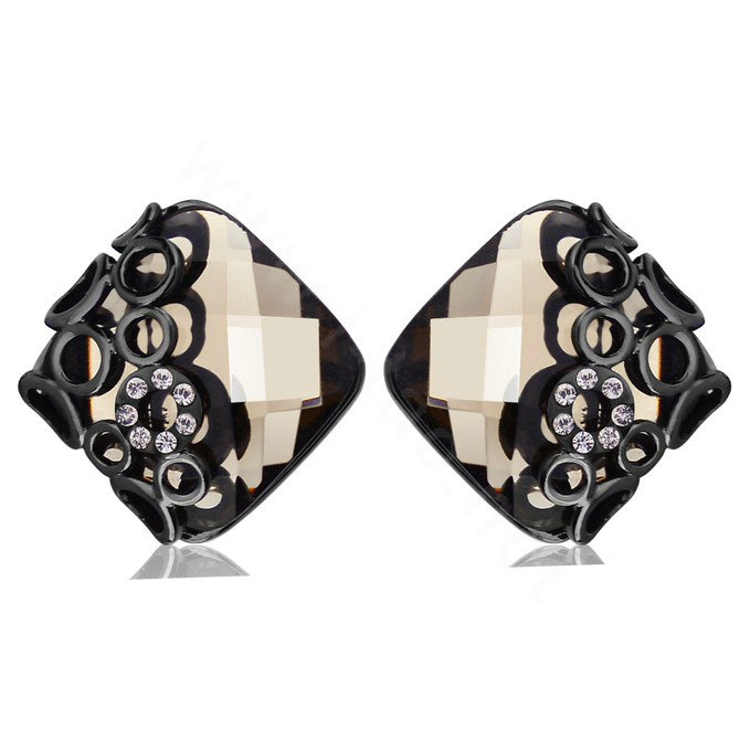 Luxury crystal diamond exaggerating rhombus black gem stud earrings 18k gold plated