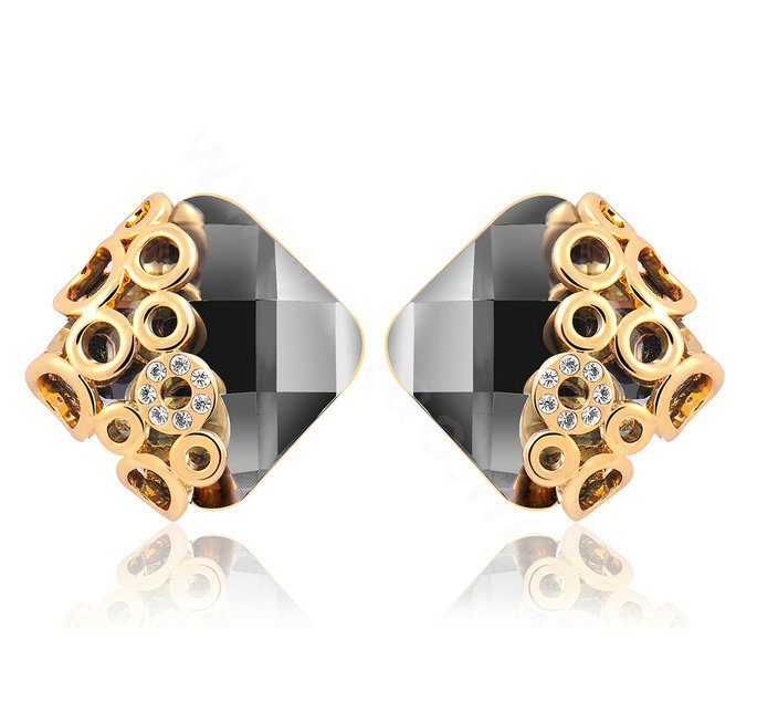 Luxury crystal diamond exaggerating rhombus gem stud earrings 18k gold plated - Black gold