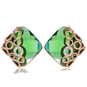 Luxury crystal diamond exaggerating rhombus green gem stud earrings 18k gold plated