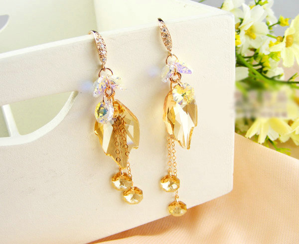 Luxury crystal diamond leaf 925 sterling silver long tassel dangle earrings - Champagne