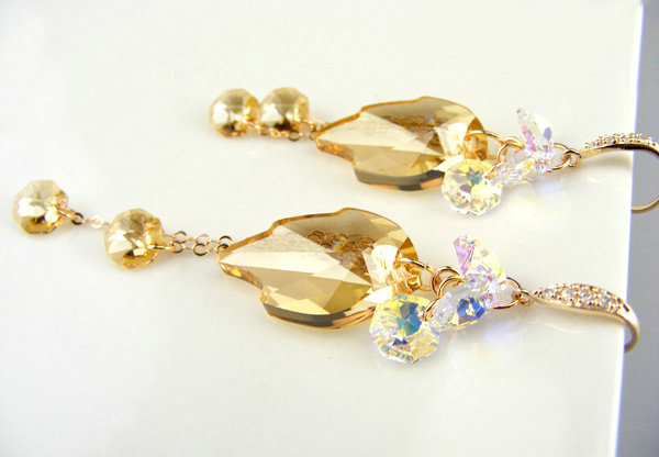 Luxury crystal diamond leaf 925 sterling silver long tassel dangle earrings - Champagne