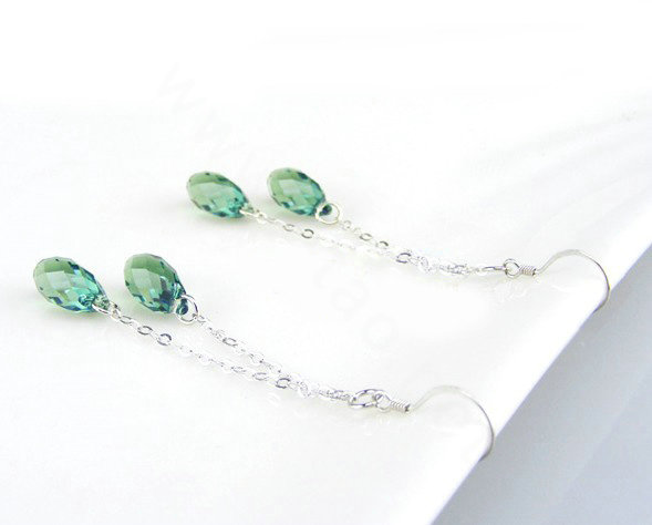 Luxury crystal diamond long raindrop 925 sterling silver dangle earrings - Green