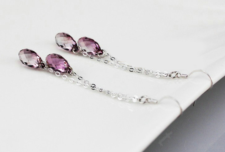 Luxury crystal diamond long raindrop 925 sterling silver dangle earrings - Purple