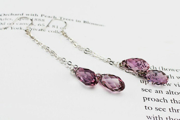 Luxury crystal diamond long raindrop 925 sterling silver dangle earrings - Purple