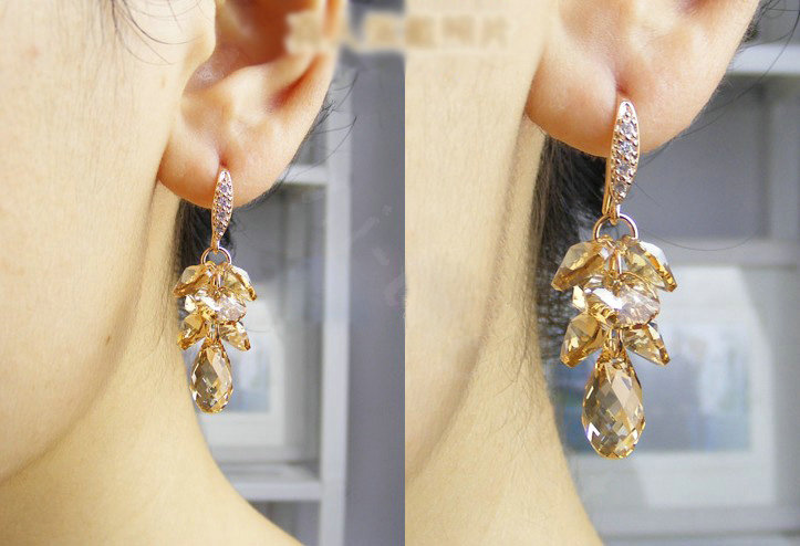 Luxury crystal diamond raindrop 925 sterling silver dangle earrings 4cm - Champagne