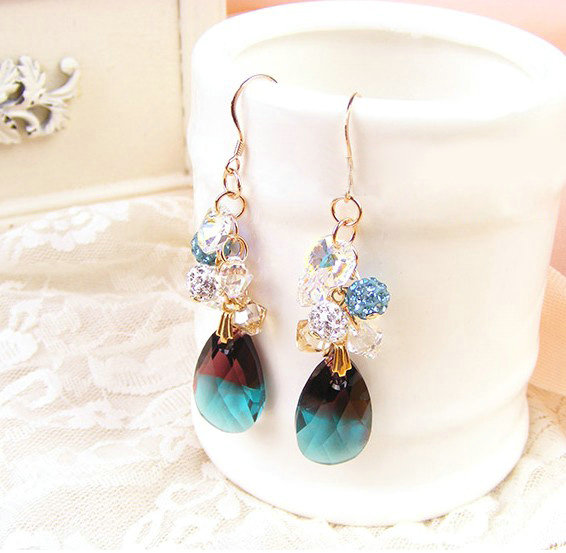 Luxury crystal diamond raindrop 925 sterling silver dangle earrings - Blue