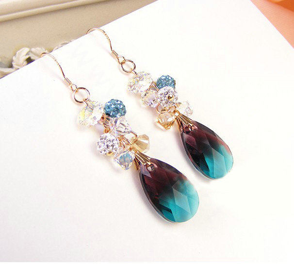 Luxury crystal diamond raindrop 925 sterling silver dangle earrings - Blue