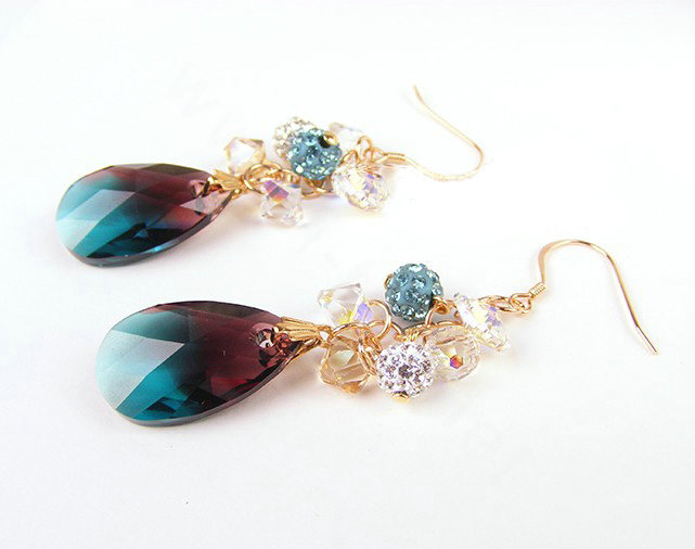 Luxury crystal diamond raindrop 925 sterling silver dangle earrings - Blue