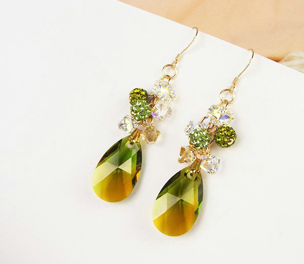 Luxury crystal diamond raindrop 925 sterling silver dangle earrings - Green