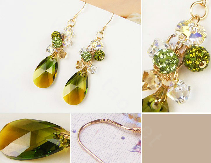 Luxury crystal diamond raindrop 925 sterling silver dangle earrings - Green