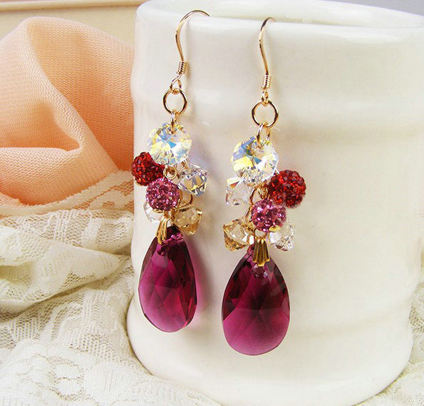 Luxury crystal diamond raindrop 925 sterling silver dangle earrings - Rose