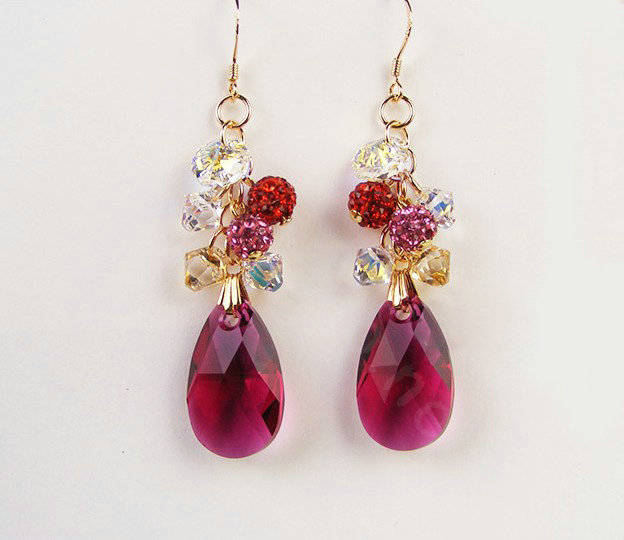 Luxury crystal diamond raindrop 925 sterling silver dangle earrings - Rose