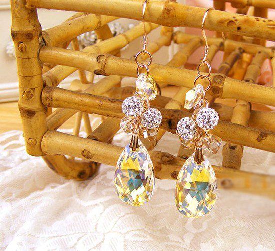 Luxury crystal diamond raindrop 925 sterling silver dangle earrings - White