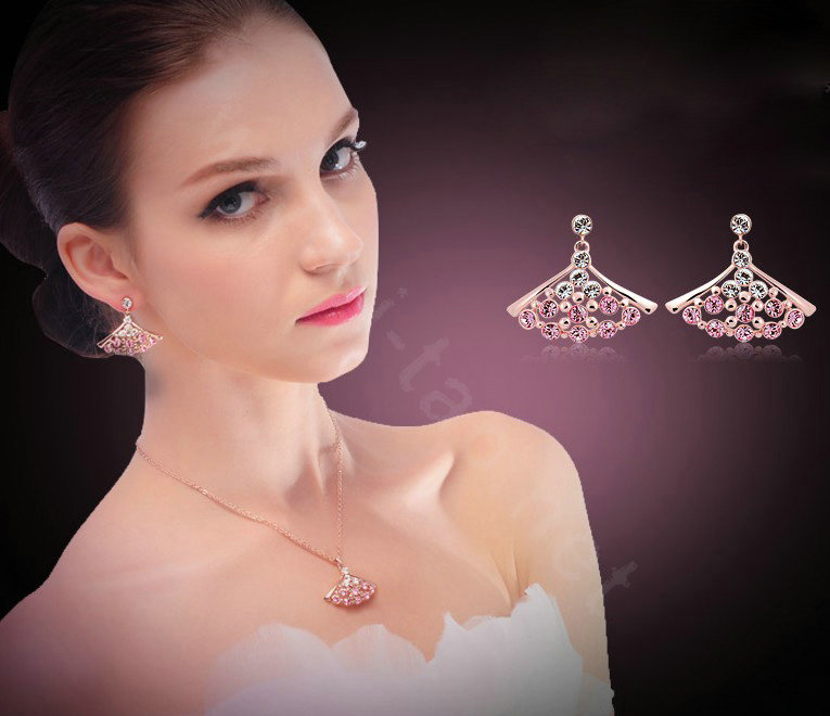 Luxury crystal exaggerating fan dangle stud earrings 18k rose gold plated