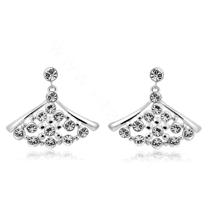 Luxury crystal exaggerating fan dangle stud earrings 18k white gold plated