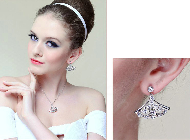 Luxury crystal exaggerating fan dangle stud earrings 18k white gold plated