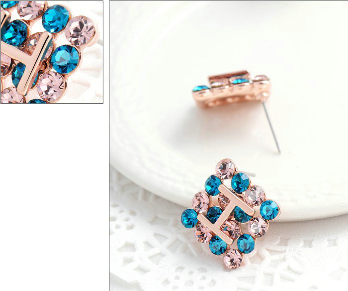 Luxury crystal exaggerating rhombus stud earrings 18k rose gold plated - Blue