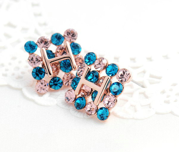 Luxury crystal exaggerating rhombus stud earrings 18k rose gold plated - Blue