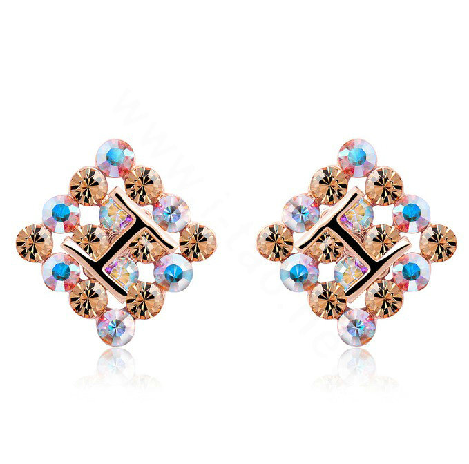 Luxury crystal exaggerating rhombus stud earrings 18k rose gold plated - Multicolor
