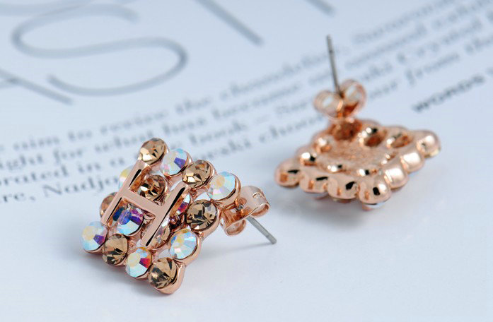 Luxury crystal exaggerating rhombus stud earrings 18k rose gold plated - Multicolor