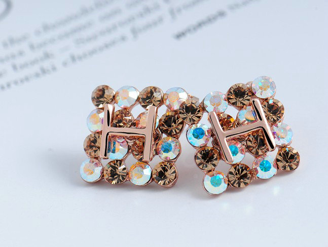 Luxury crystal exaggerating rhombus stud earrings 18k rose gold plated - Multicolor