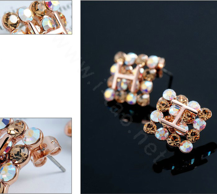 Luxury crystal exaggerating rhombus stud earrings 18k rose gold plated - Multicolor