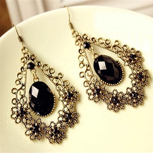 Luxury exaggerating hollow flowers retro crystal raindrop dangle earrings - Black