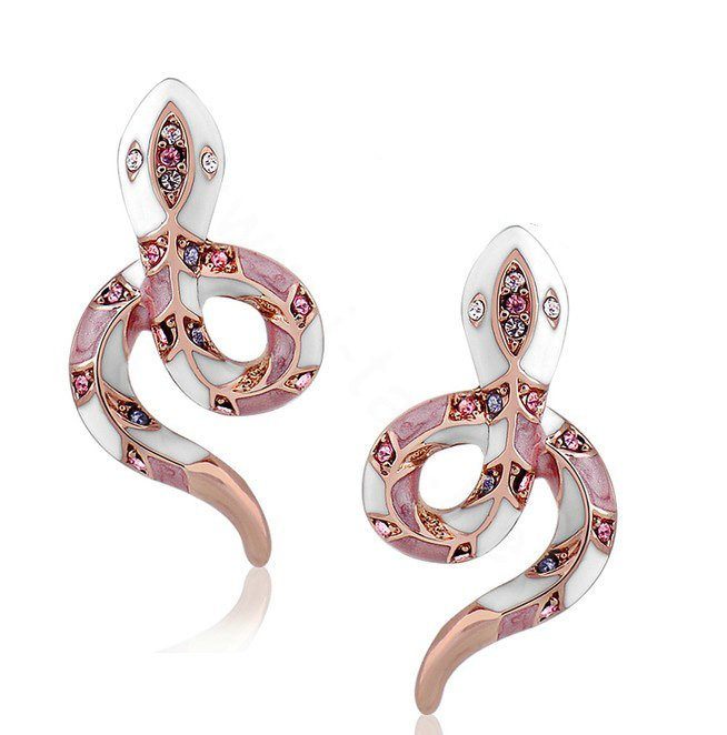 Luxury fashion crystal diamond exaggerating snake stud earrings 18k rose plated - Pink