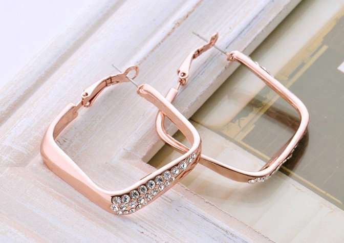 Luxury fashion crystal diamond hollow hoop earrings 18k rose plated - Gold